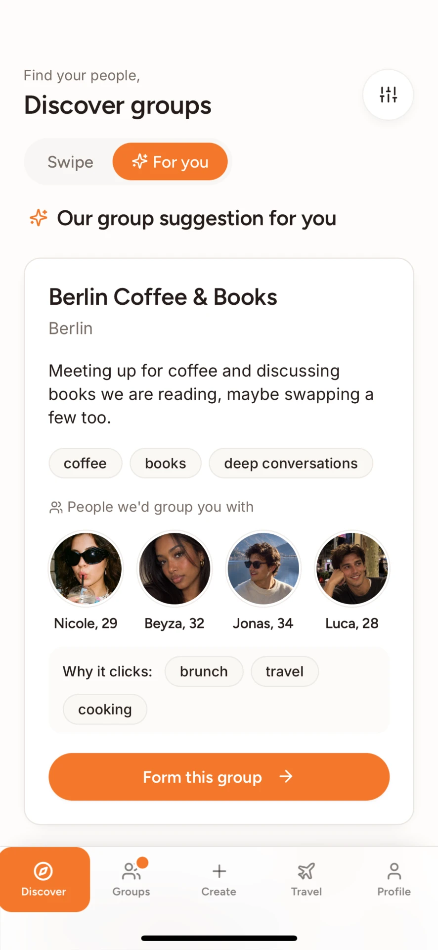 For You screen with a suggested group and the people you would join