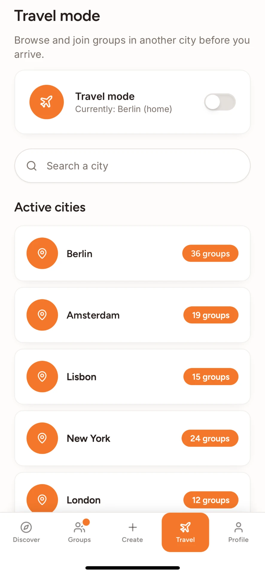 Travel mode screen with a list of active cities