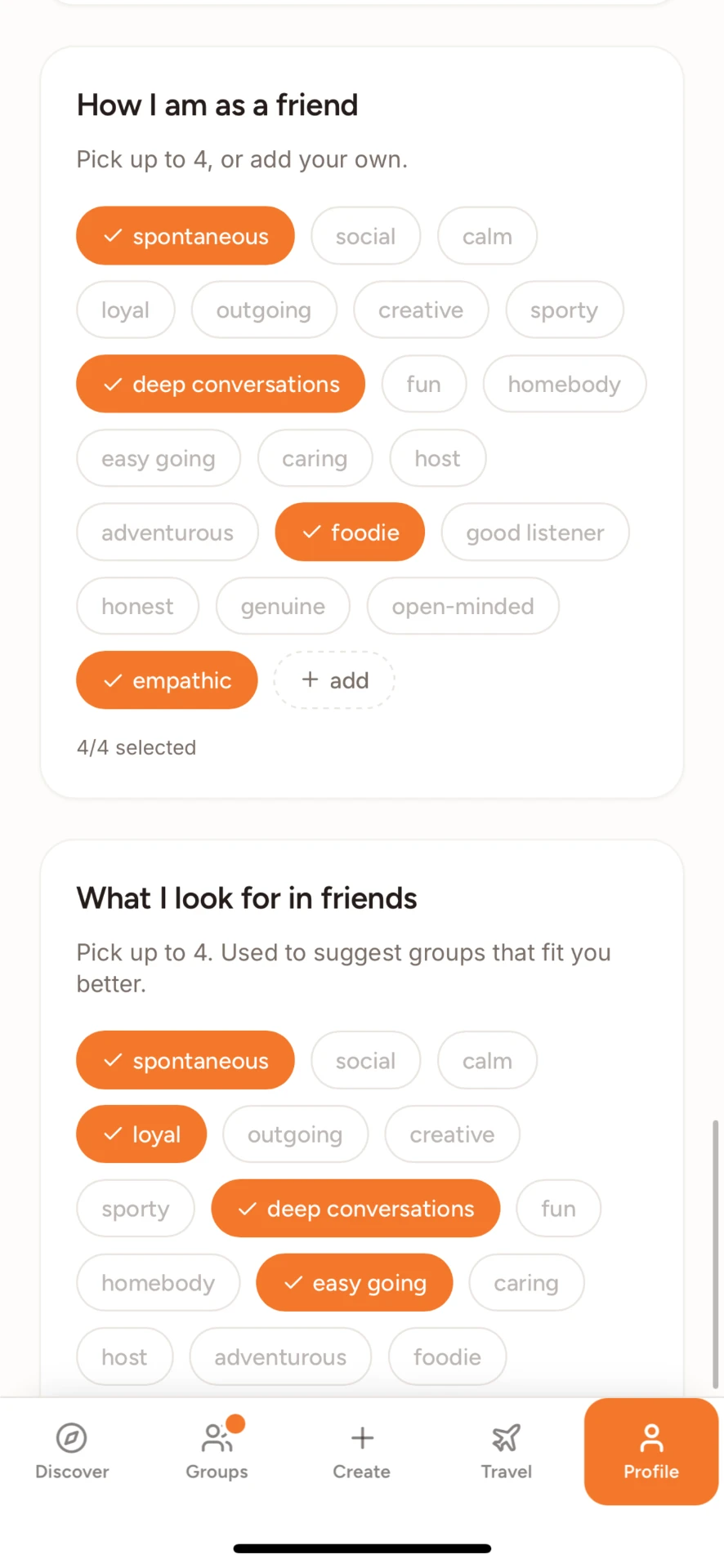 Profile screen showing how you are as a friend and what you look for in friends