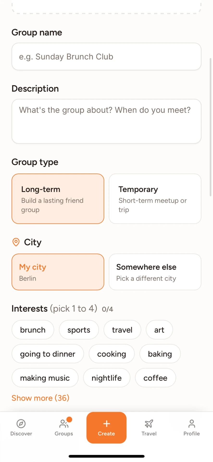 Create a new group screen with group name, type and interests