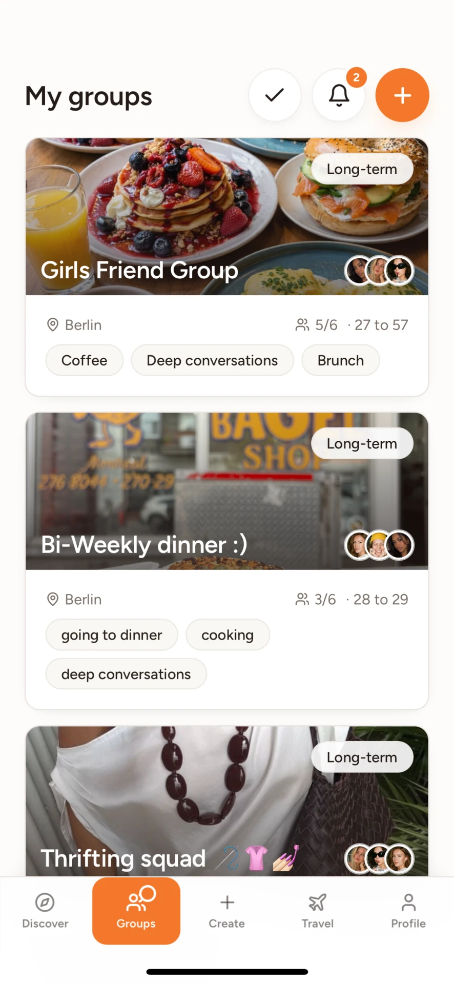 My groups screen showing joined friend groups